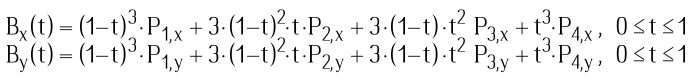 Bx(t) = (1-t)^3 P1x + 3(1-t)^2*t P2x + 3(1-t)*t^2 P3x + t^3 P4x,   0 ≤ t ≤ 1;By(t) = (1-t)^3 P1y + 3(1-t)^2*t P2y + 3(1-t)*t^2 P3y + t^3 P4y,   0 ≤ t ≤ 1